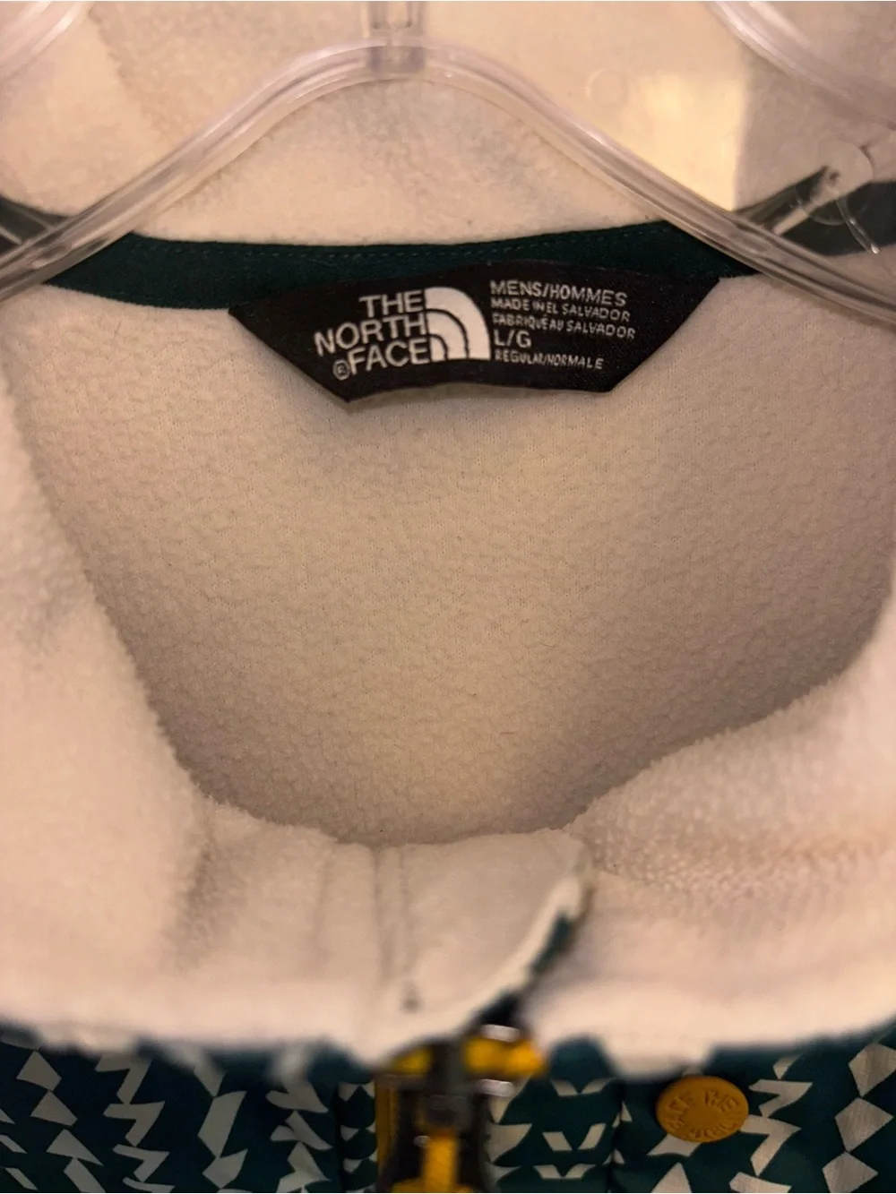 The North Face White Fleece Pullover with Green Pattern and Yellow Accents